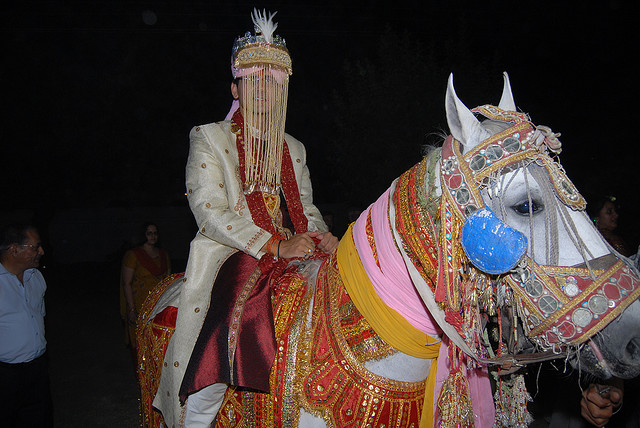 Punjabi Wedding - Ghodi Chadna. Punjabi Groom arriving at his Punjabi wedding on his Ghodi (horse) and with a Sehra on his face