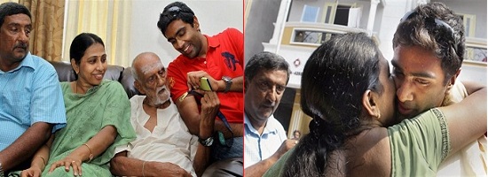 R Ashwin with his proud parents after India won the Cricket World Cup