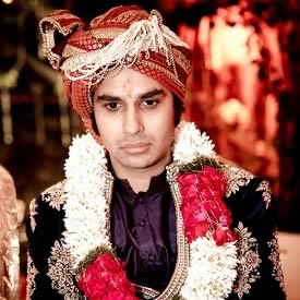 The Big Bang Theory's Raj koothrappali, Kunal Nayyar, in a traditional Indian Wedding Sherwani, Turban and Shera (veil) 