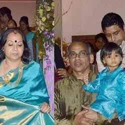 Vidya Balan's family, including Mother, Saraswathy Balan, father, P.R. Balan, brother-in-law, Kedar, nephew, Ruhaan and niece, Ira at her marriage Sangeet ceremony.